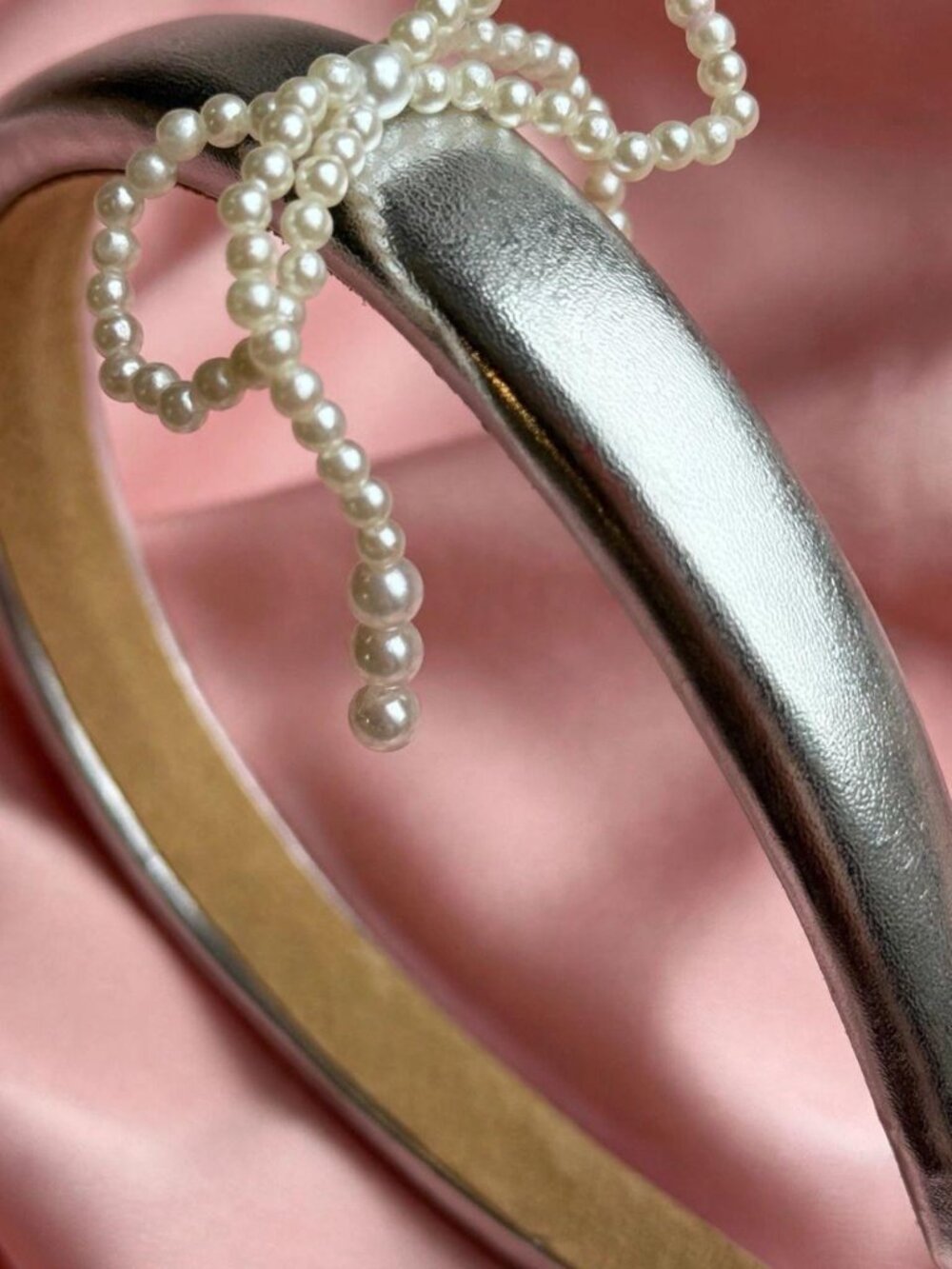 Silver Metallic Padded Headband Pearl Bow Coquette